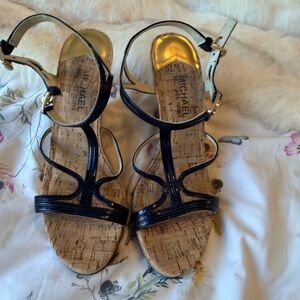 Michael Kors Black Strappy Cork Wedge Sandals 8